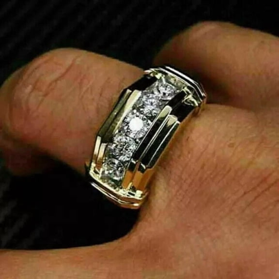 OM Jewels Men's Cubic Zirconia 5-stone Wedding Engagement Ring 14K Yellow Gold Plated