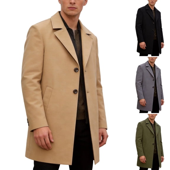 Purcolt Mens Pea Coats Single Breasted Notch Lapel Casual Slim Fit Trench Coat Mid Long Winter Overcoat with Pockets