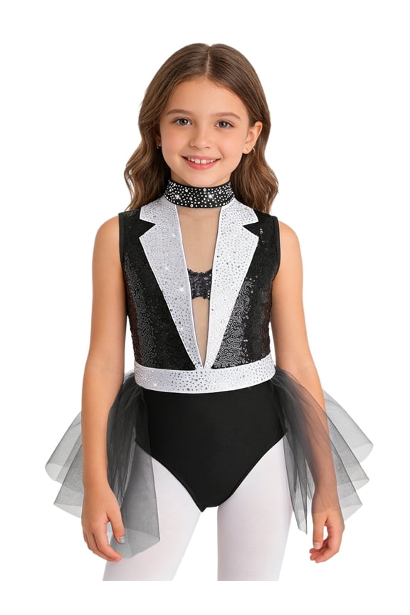 Kids Girls Sequin Rhinestone Sleeveless Latin Jazz Ballet Dance Dress Tulle Skirted Leotard for Performance Black 8