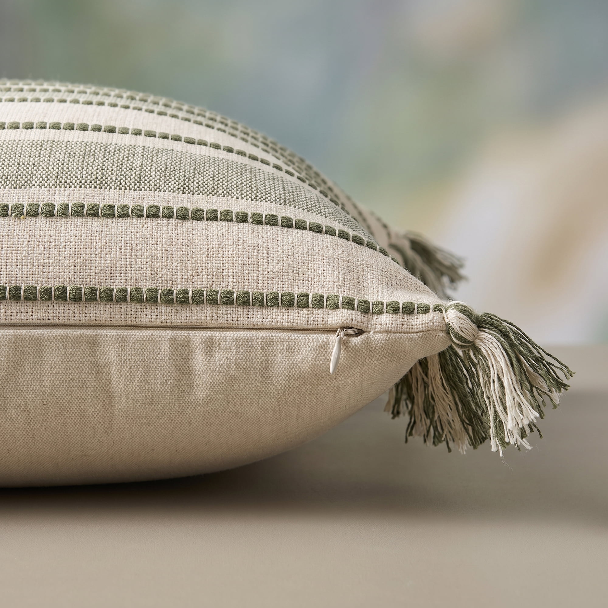 Unique Bargains Boho Stripe Throw Pillow Covers 2 Pack Tassel Cushion Cases Green 18"x18"