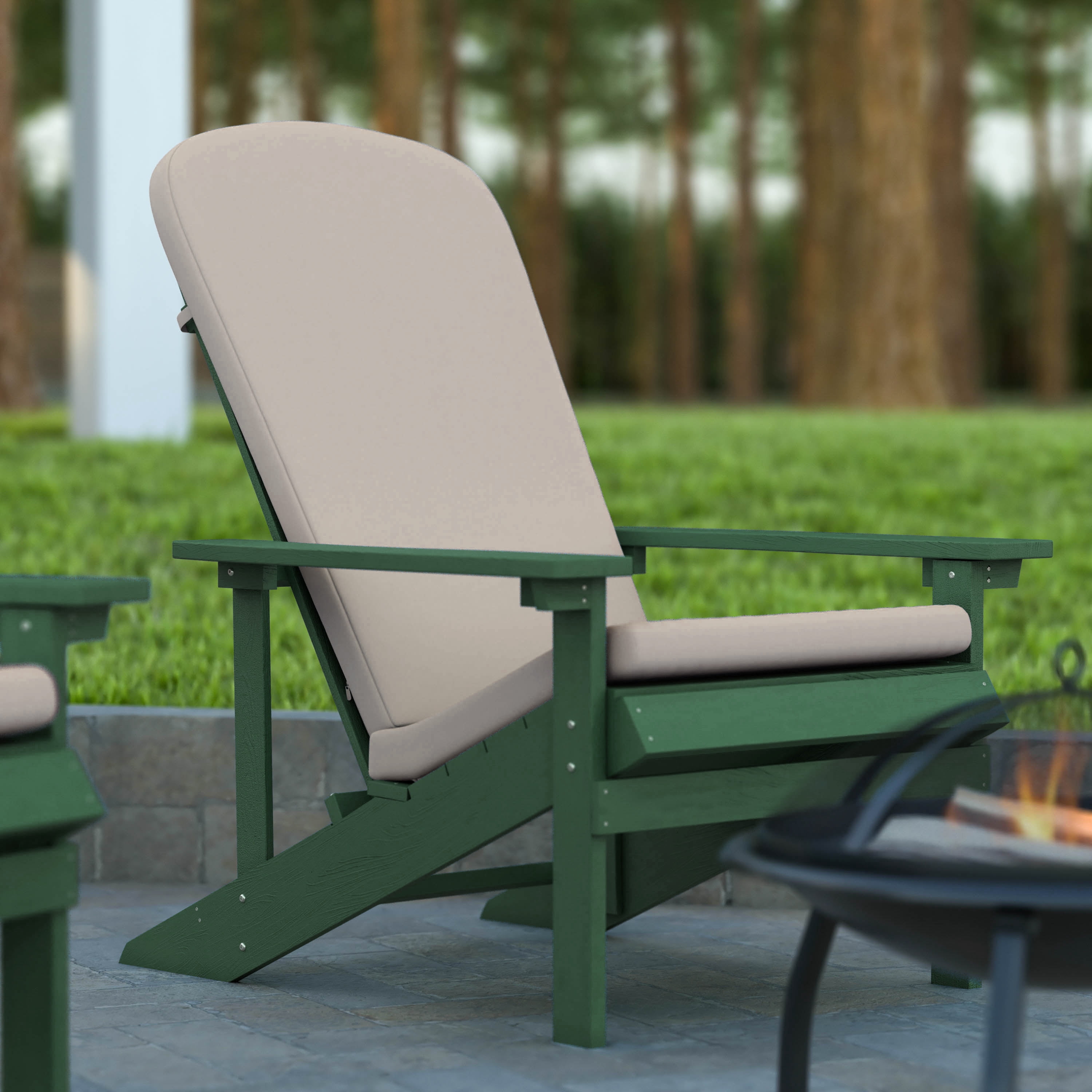 Emma + Oliver Set of Two Green All-Weather Polyresin Adirondack Chairs with Cream Cushions