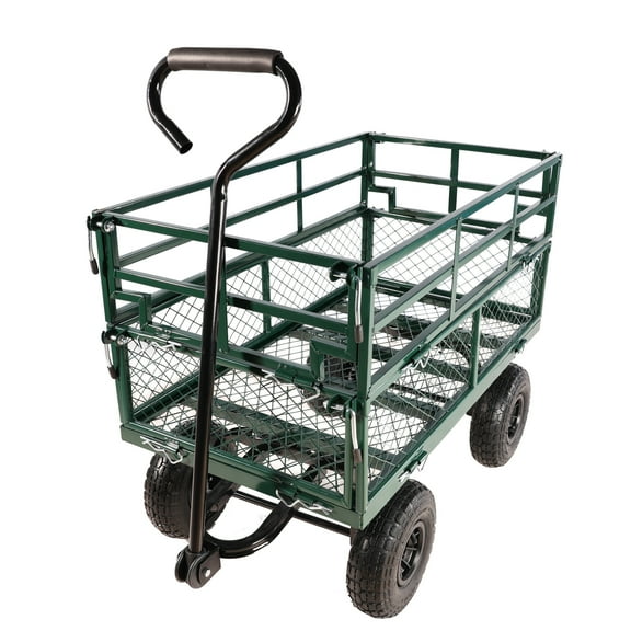 NIGSQJB 660 Lbs Capacity Mesh Steel Garden Cart, Heavy Duty Folding Utility Wagon with Removable Sides & 10" All-Terrain Wheels, Easier To Transport Firewood & Goods,Green Black