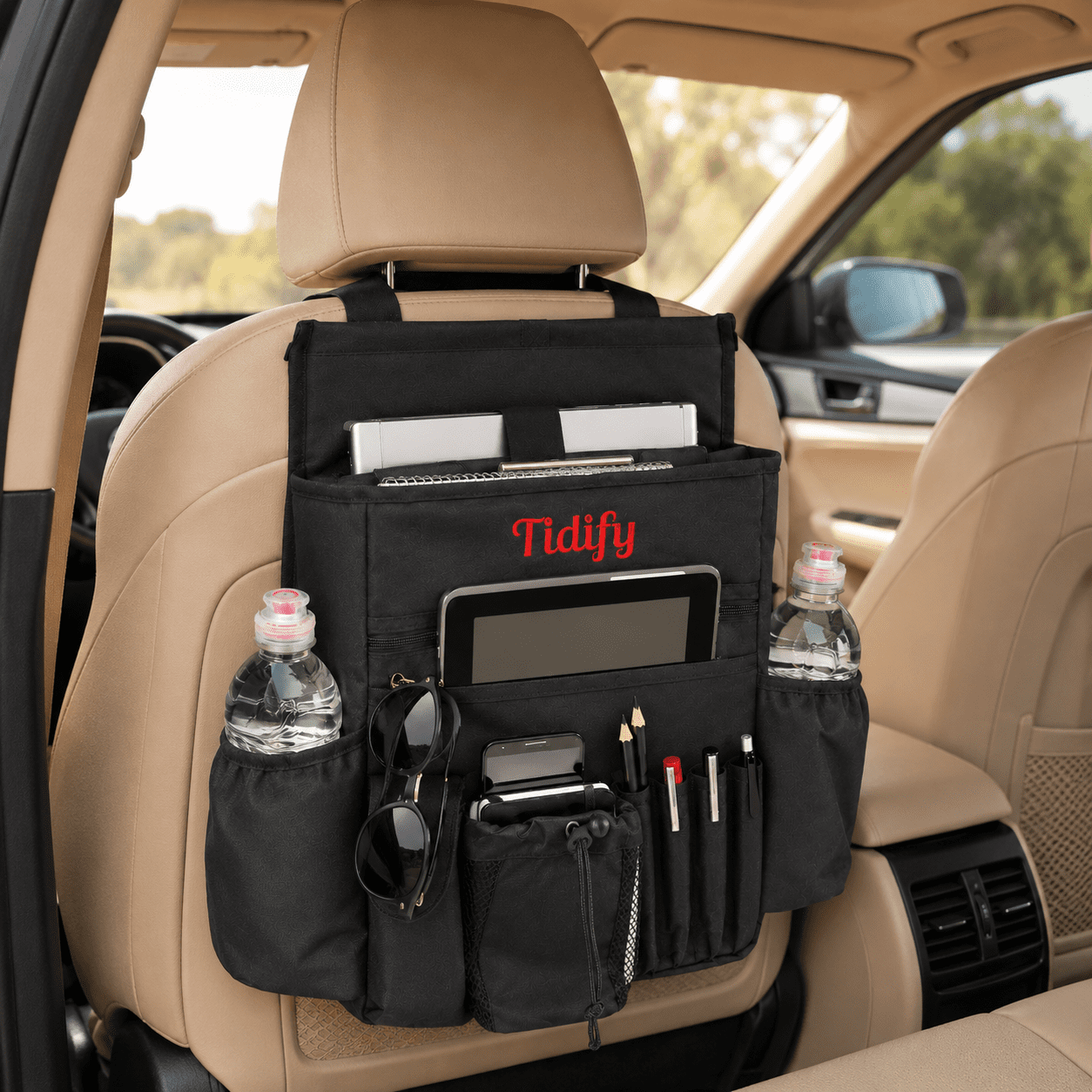 Tidify Car Seat Back Organizer with Adjustable Straps, Compartments, and Pockets for Laptop and Tablet, 1 Pack
