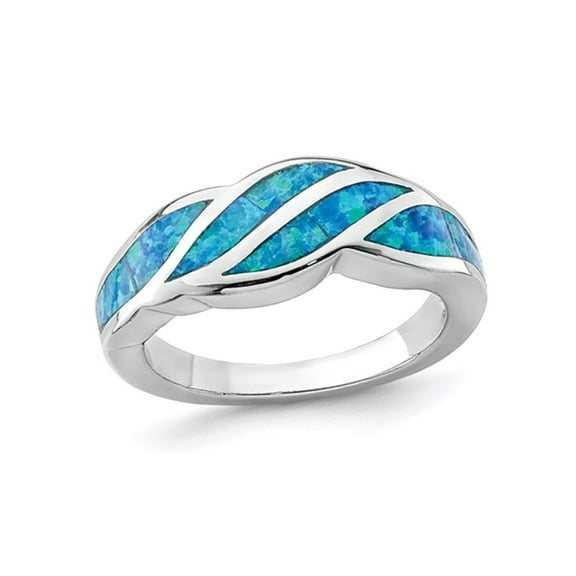 Gem & Harmony Lab Created Blue Opal Inlay Wave Ring in Sterling Silver for Women