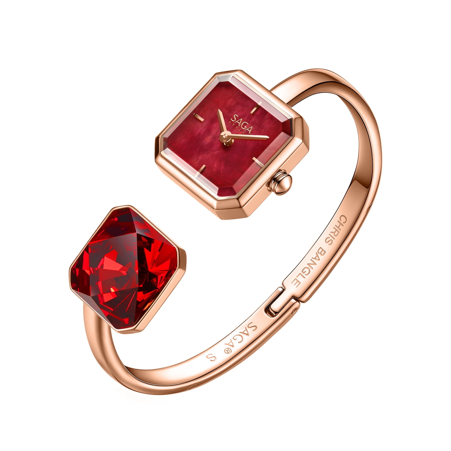 Watches for Women SAGA Light of Venice Swiss Ronda Quartz Bracelet Watch, Red Dial, Square Case, Stainless Steel, Silver Tone, Gift for Women