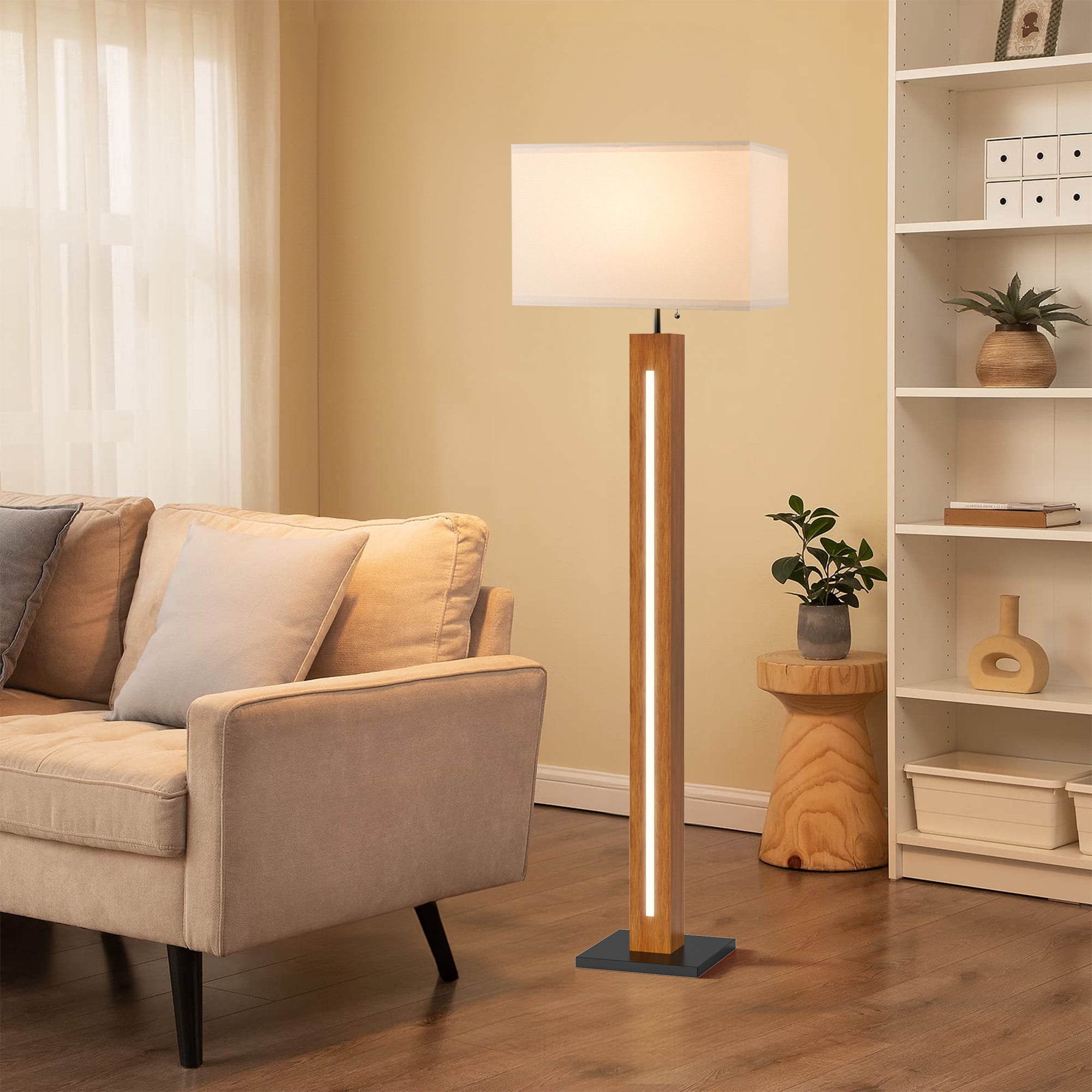 58.9'' Farmhouse Wooden Floor Lamp built-in LED beads, White Rectangular Linen Shade for Bedroom (Bulb included)