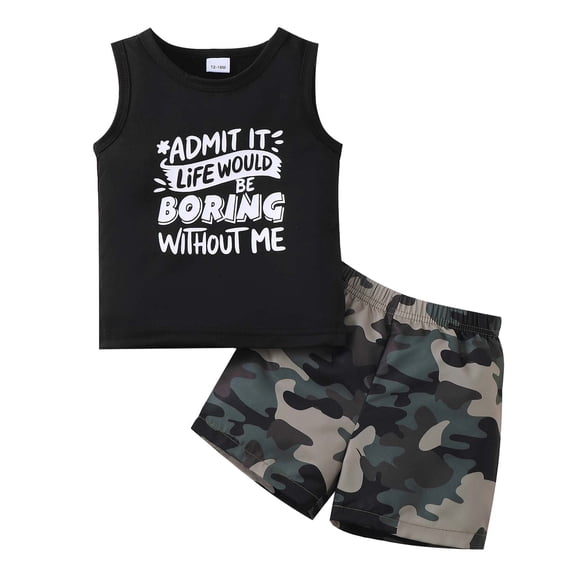 Kucnuzki 3T Toddler Boys Outfit Set 4T Child Boy Summer Clothes Sleeveless Letter Print Tank Top Camouflage Shorts Sets 2pcs Causal Clothing Black