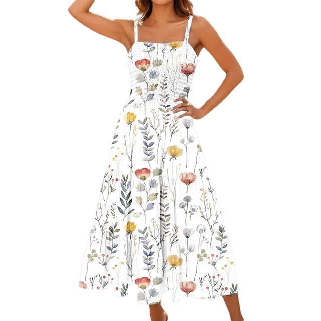 Mgmyaa Robes Smockées pour Femmes Col Carré Dos Bas Robes Élégantes à Volants Boho Sans Manches Fluide Été Décontracté Longue Robe d'Été