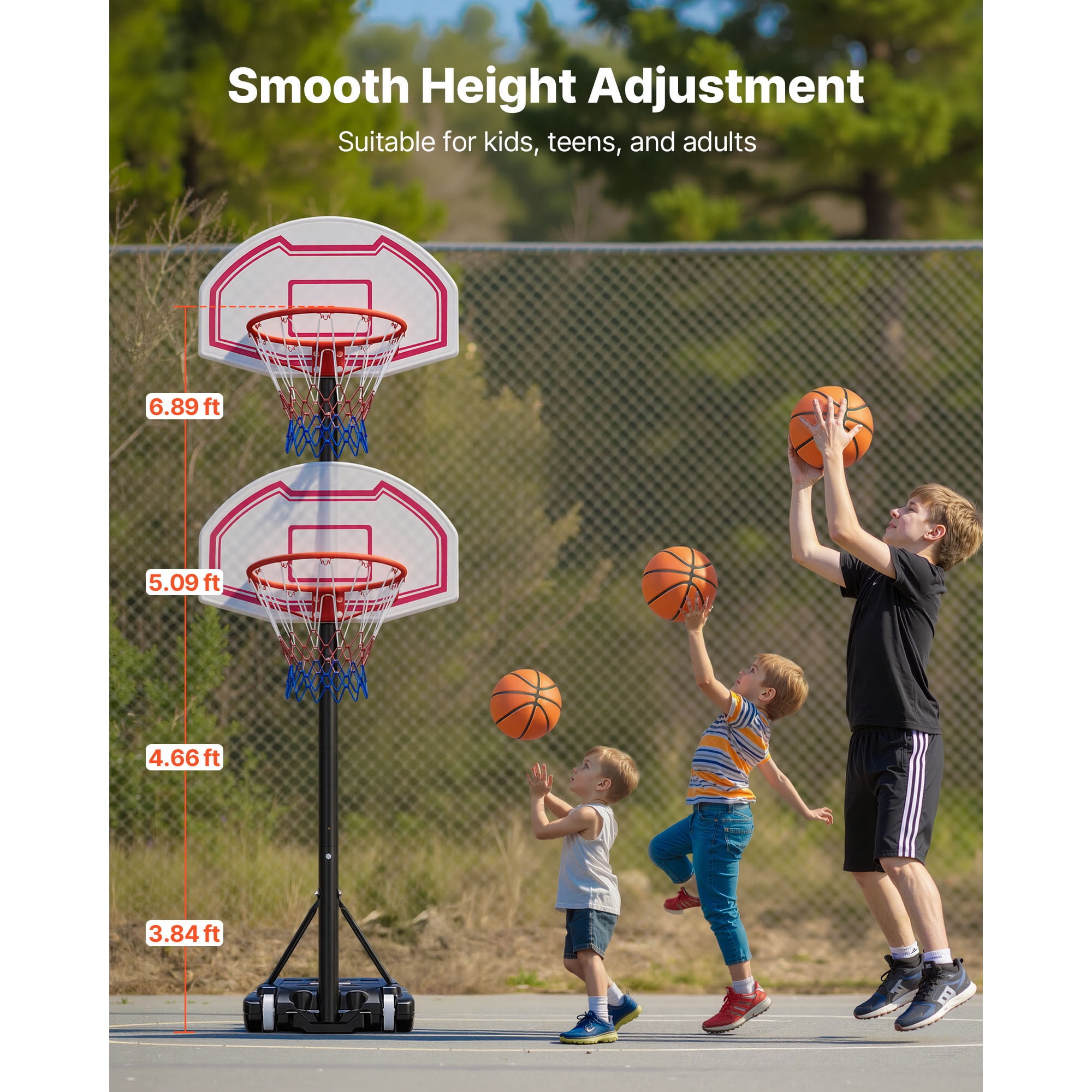 KFFKFF Portable Basketball Hoop with Adjustable Height, 5.2 to 6.9 ft, Kids Basketball Goal with Nylon Net and Wheels, Movable Backboard Set for Outdoor Use