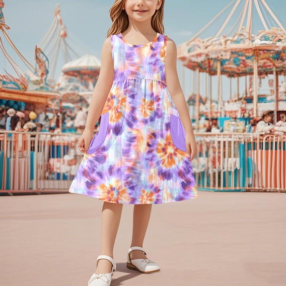 HOMADLES Teen Girls Dress Crewneck Print Soft Loose Sleeveless Elastic Summer Casual Dress Purple 5 T