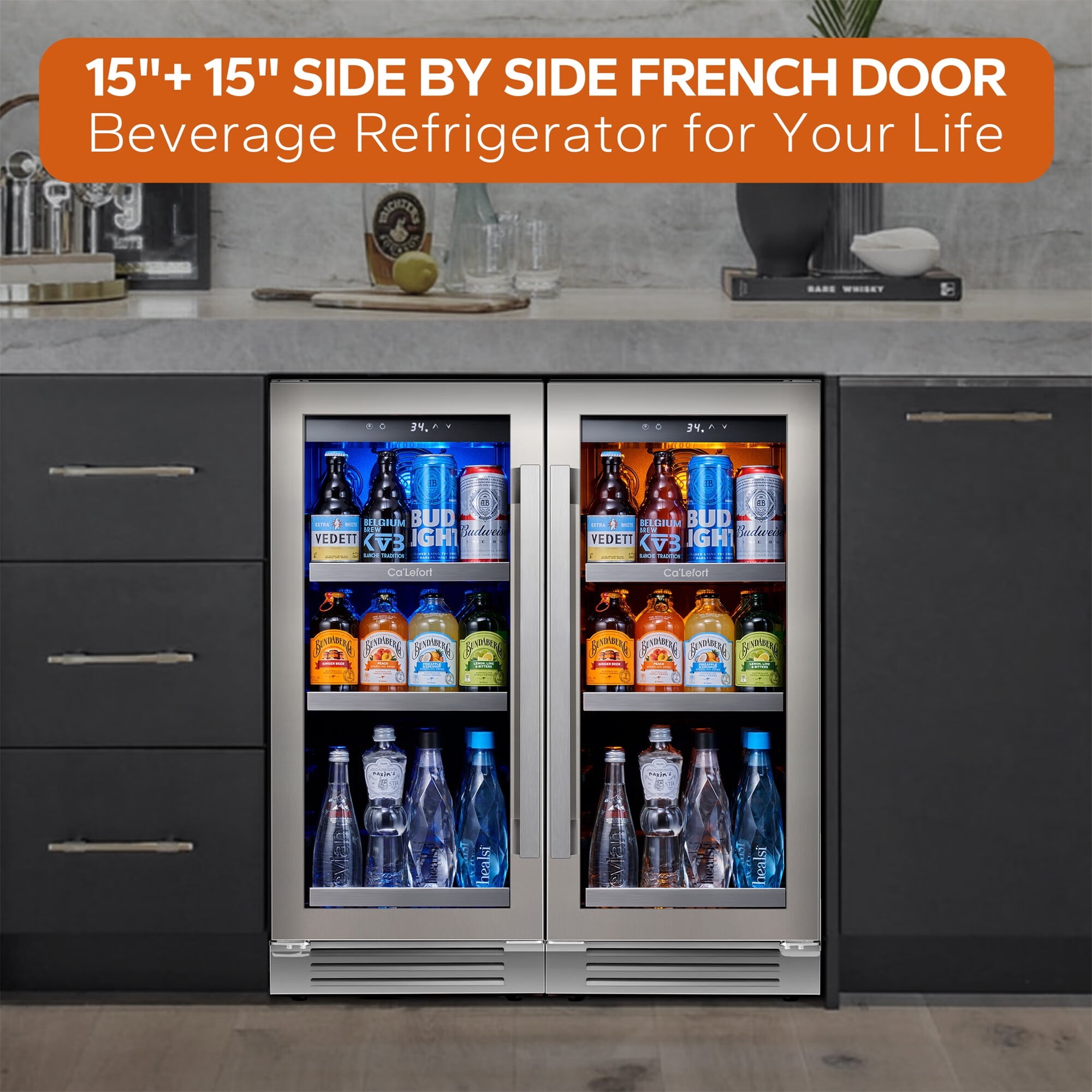 Ca'Lefort 30 Inch Beverage Refrigerator,200 Cans Dual Zone 15'' Beverage Cooler and 15'' Digital Touch Control Beverage Fridge,Built-In or Freestanding
