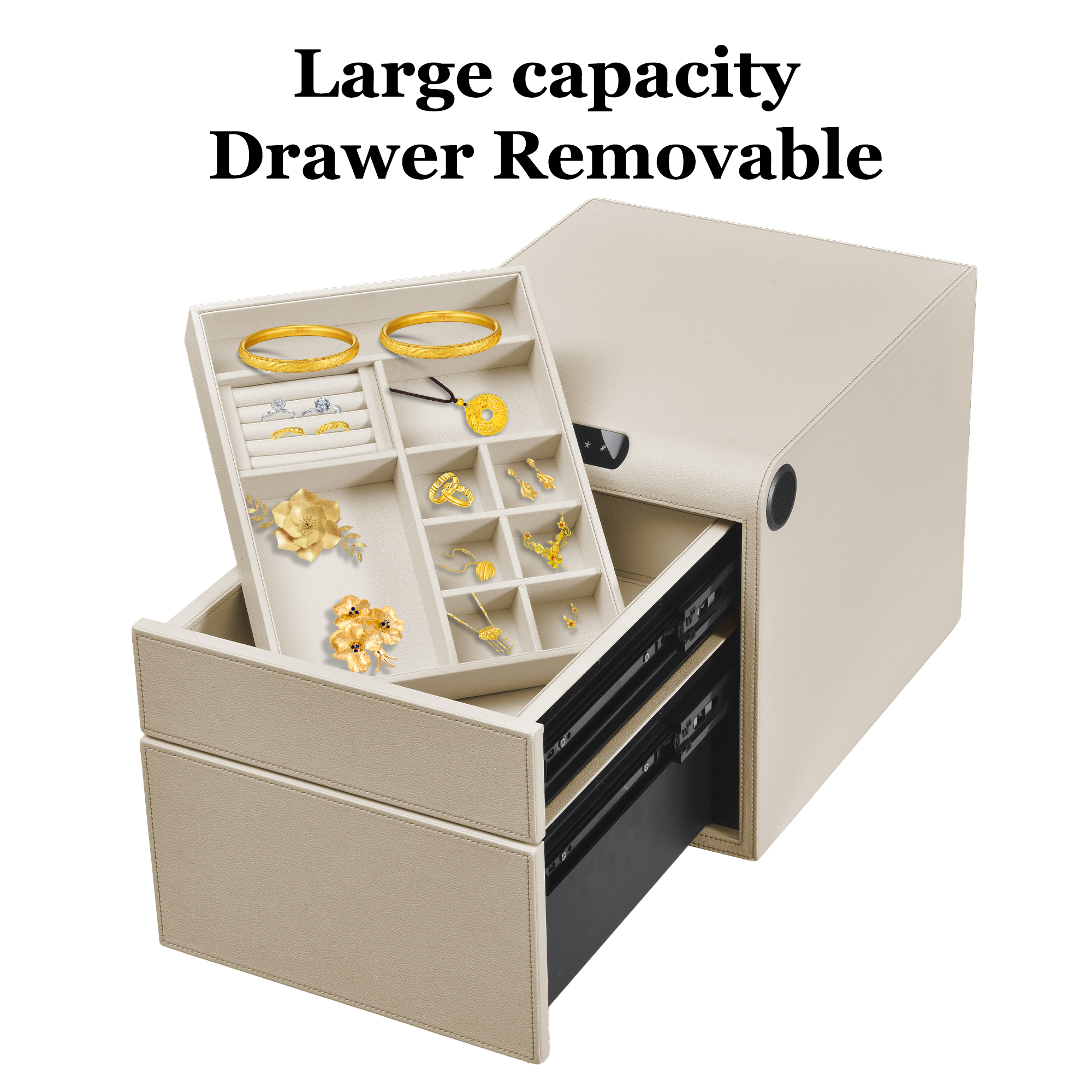Digital Drawer Safe with Biometric Fingerprint & Keypad – Quick-Access Handgun Safe for Pistols, Leather-Wrapped Jewelry Storage, Ideal for Home Use