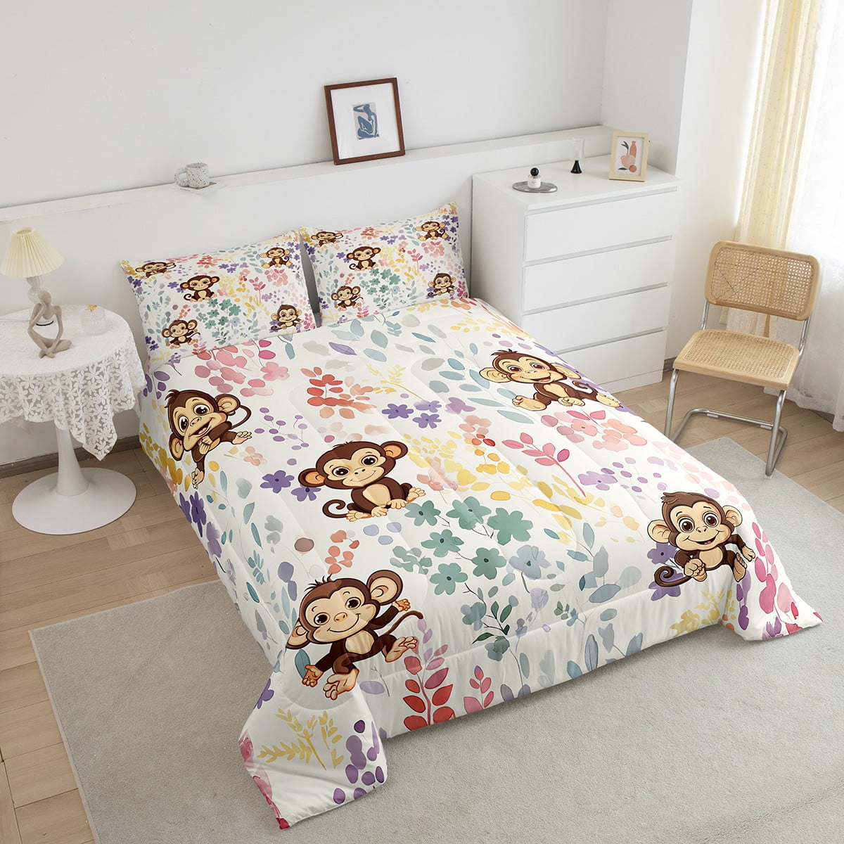 Kawaii Monkey Bedding Set Twin Size,Cartoon Monkey Flower Comforter Set,Watercolor Floral Quilt Bed Set Forest Wildlife Animal Down Comforter with 1 Pillowcase
