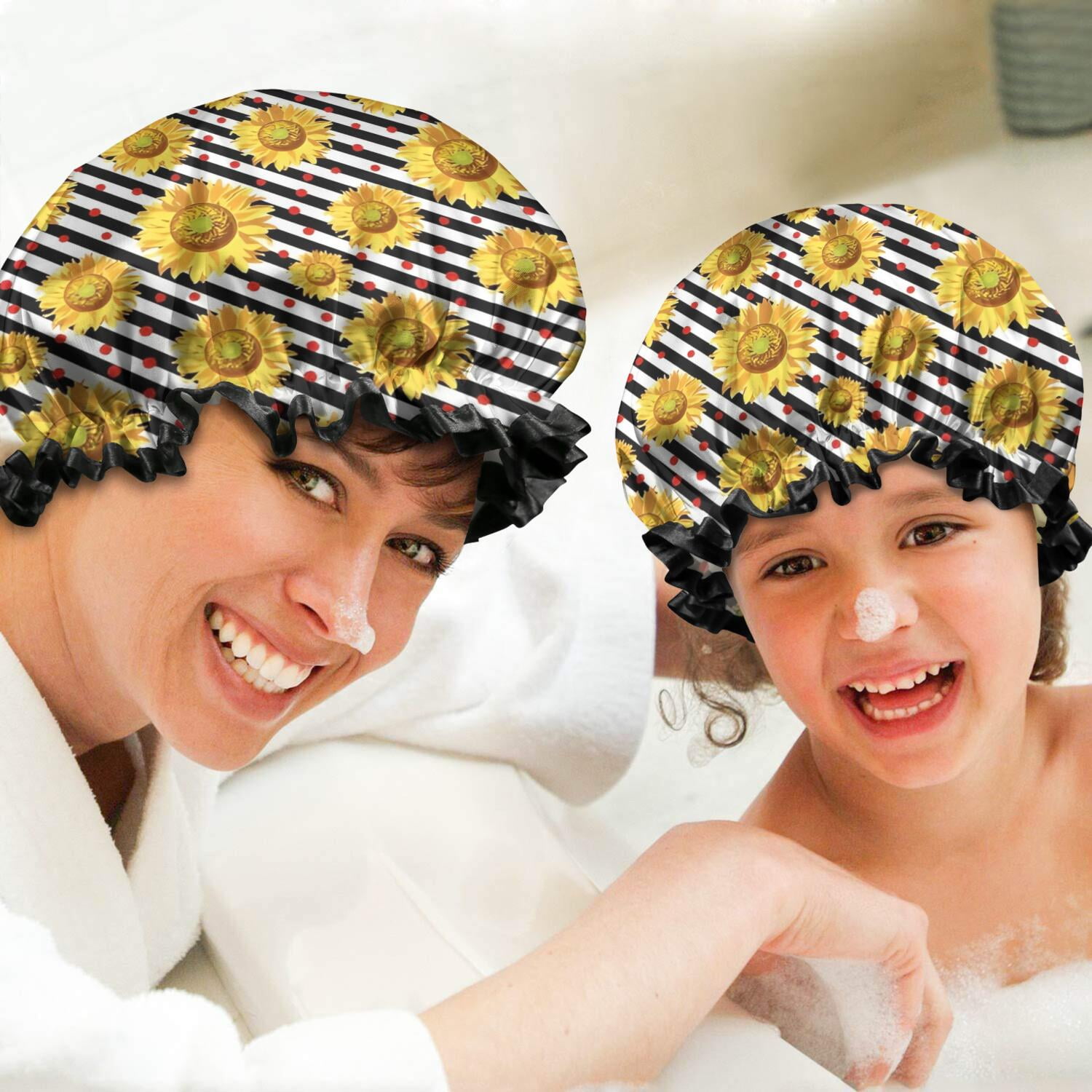 Shower Caps,Black White Stripe Sunflower Pattern Waterproof Shower Cap for Women 4 Pieces,Double Reusable Hair Cover for Shower PEVA Elastic Stretch Hem