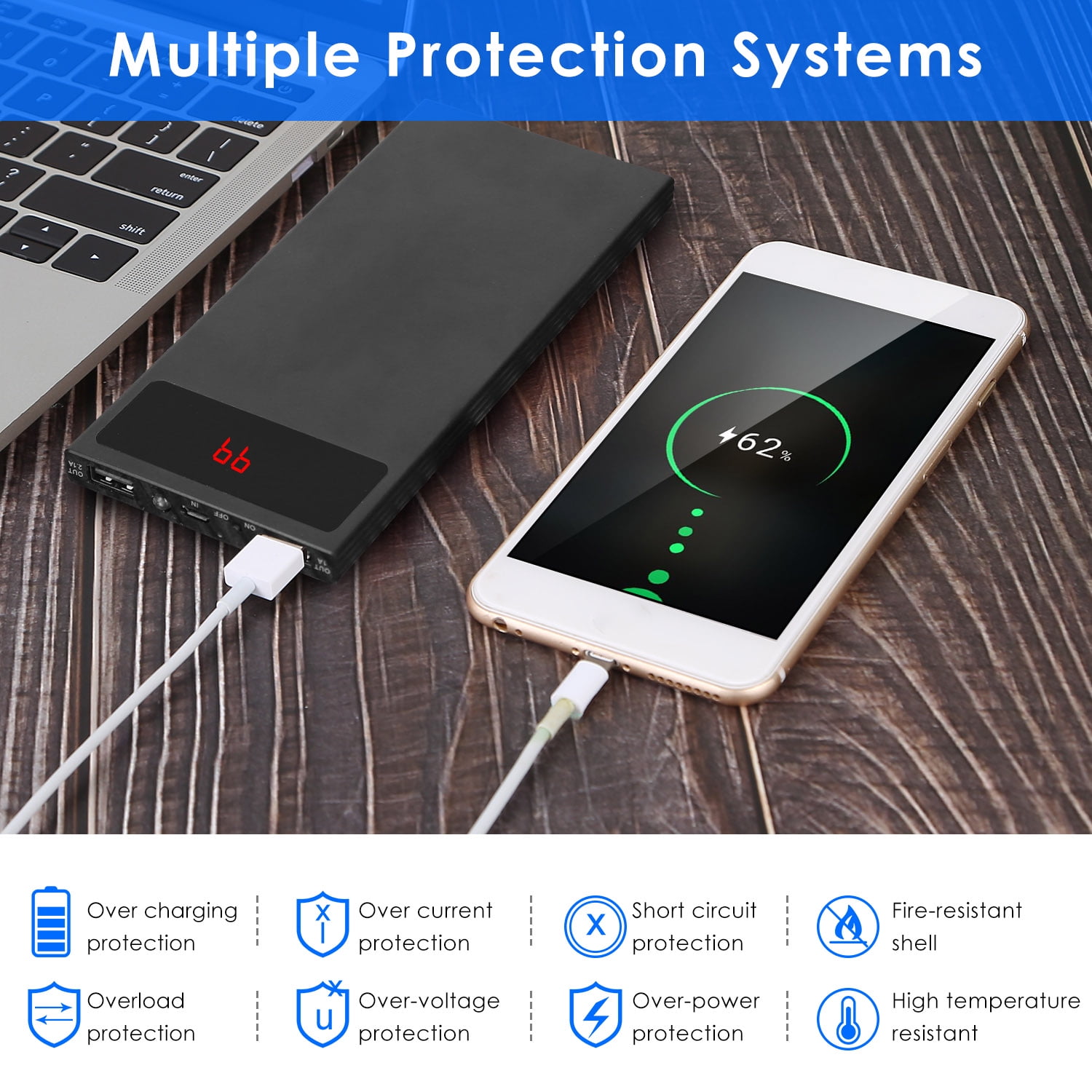 5V 2.1A Battery Pack 20000mAh Power Bank with Dual USB Port Heated Clothing Replacement Battery Pack for Heated Vest Jacket Coat Pants Black
