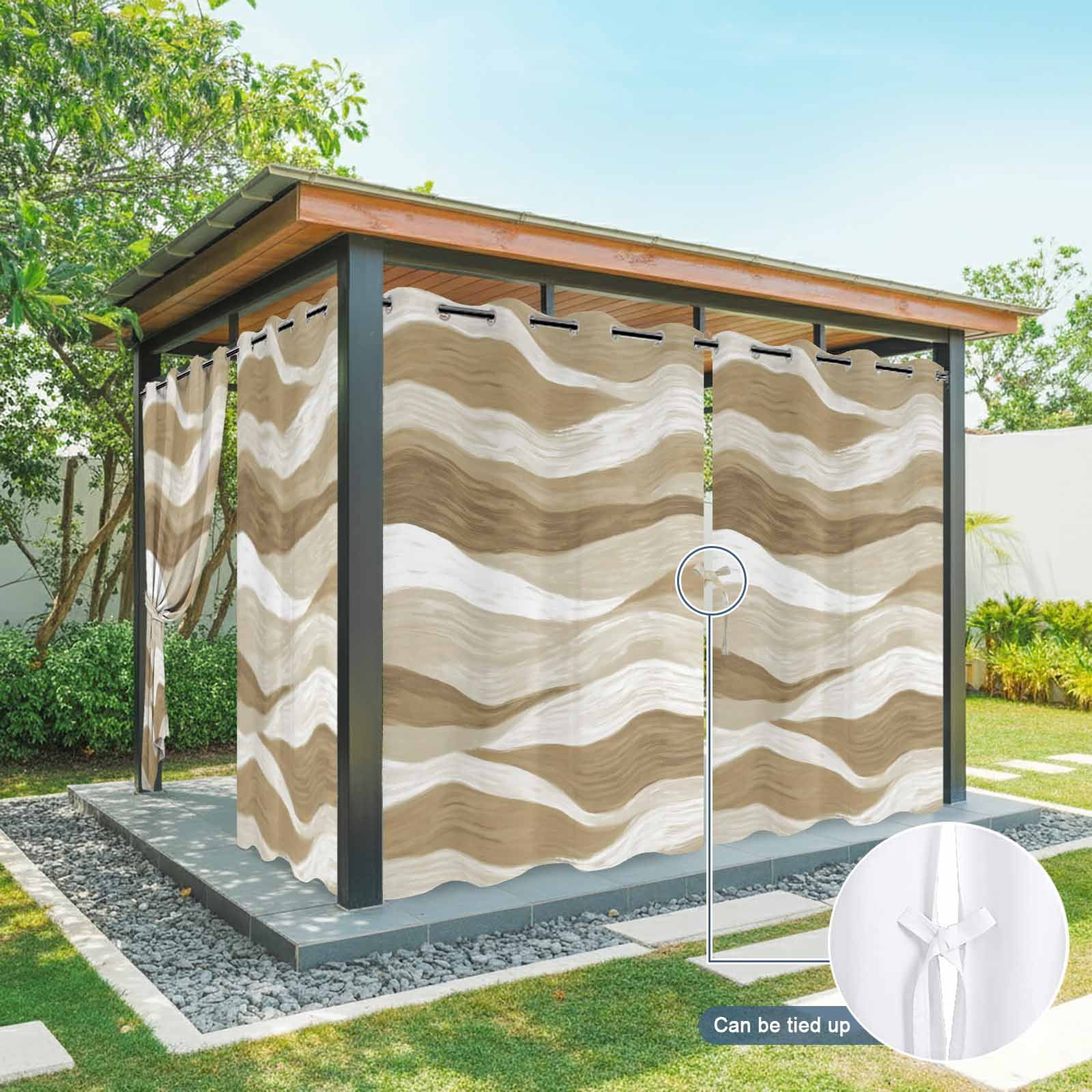 Brown Ocean Waves Outdoor Curtains for Patio, Abstract Modern Ombre Stripes Sunshade Privacy Drapes Grommet Waterproof Outside Curtains for Porch/Cabana/Balcony 54"x 108", 1 Panel