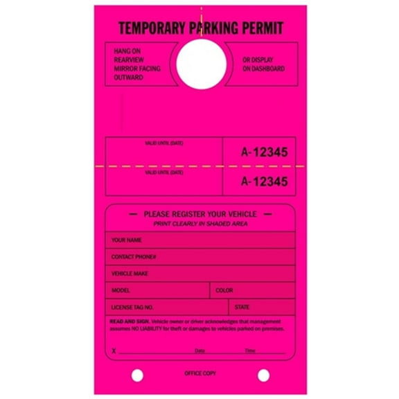 Temporary Parking Permit - Mirror Hang Tags, Consecutive Numbers with Tear-Off Stub, 7-3/4" x 4-1/4", Bright Fluorescent Pink - Pack of 50 Tags