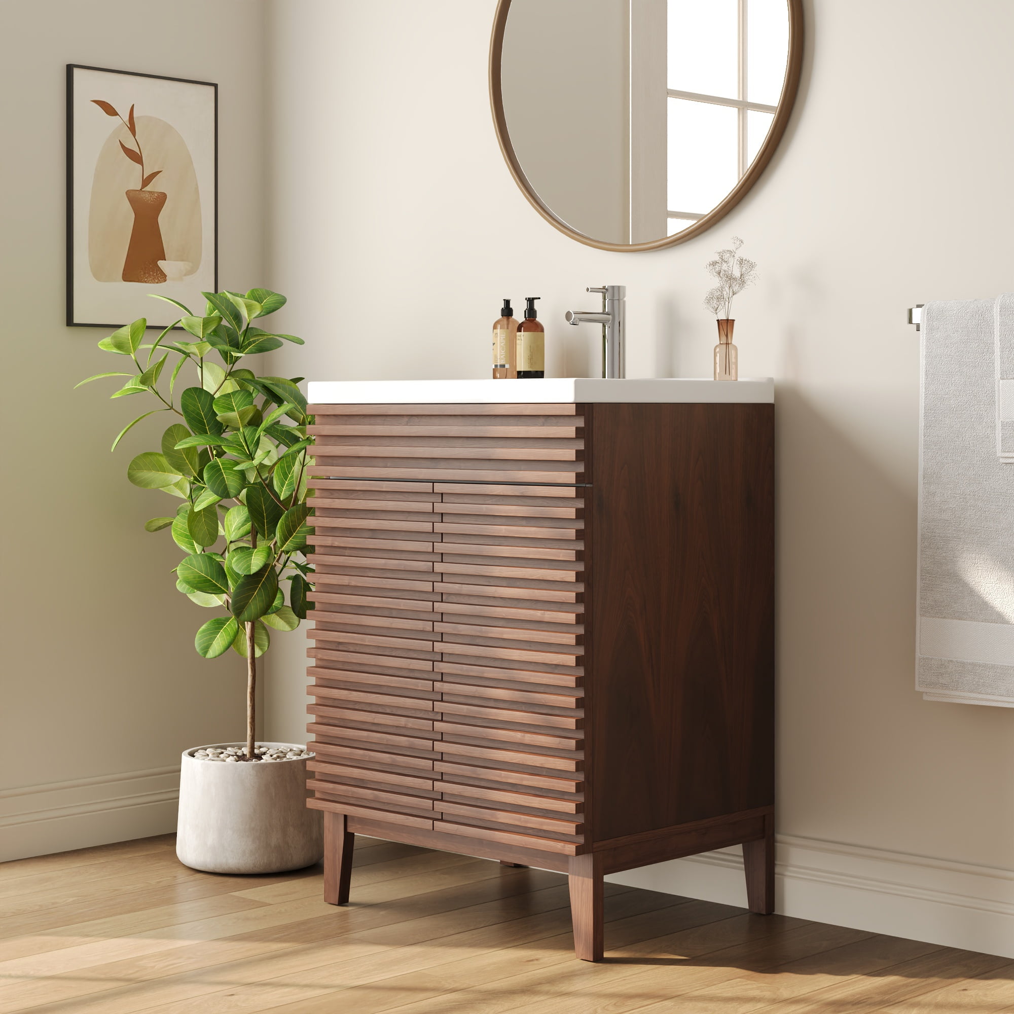 24" Bathroom Vanity with Ceramic Sink Top, Pre-assembled Mid-Century Wood Bathroom Cabinet Walnut