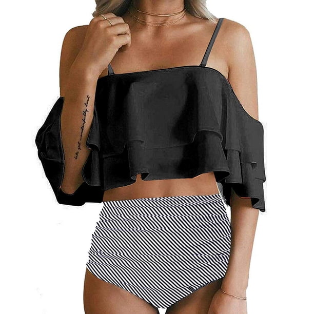 Top de bikini corto con volantes y hombros descubiertos para mujer Adepaton FLD-2260