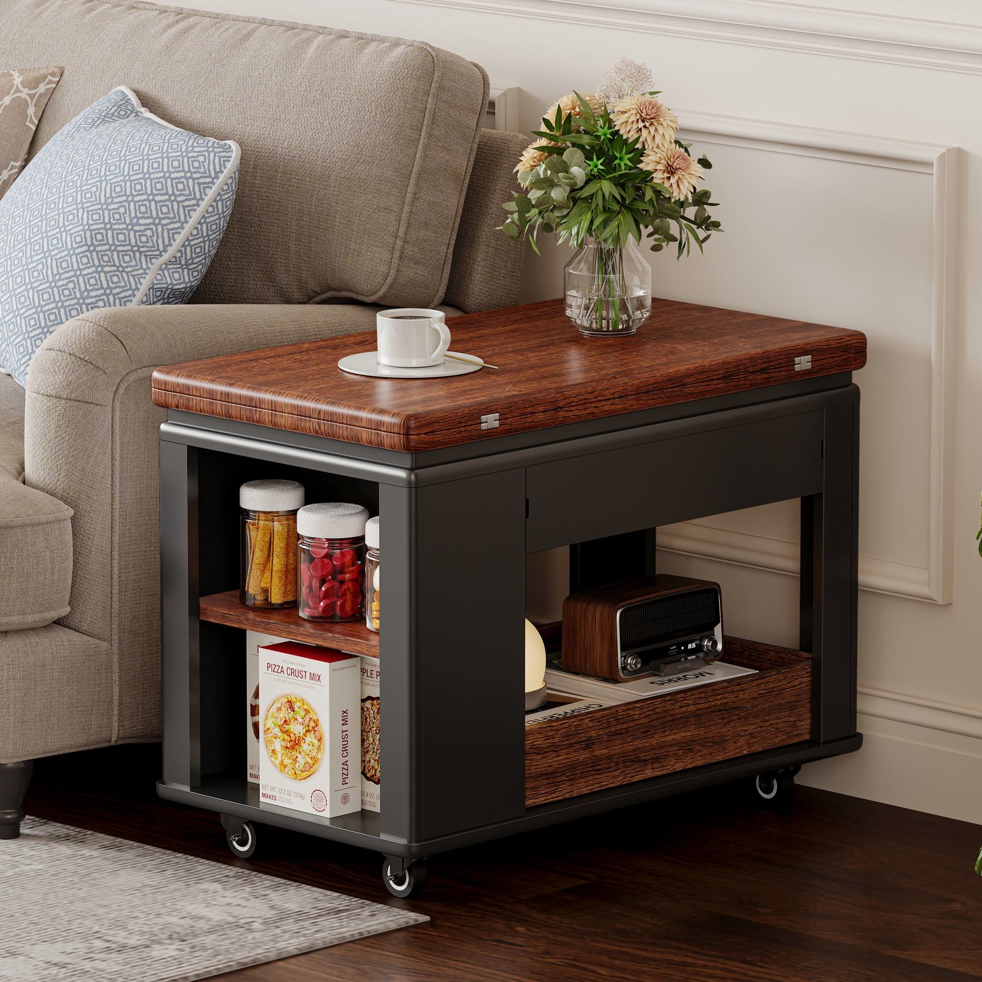 Euroco 27.6'' Modern Multi-Function Coffee Table/Side Table with Foldable Top & Casters, Multi-tier storage, Black & Walnut