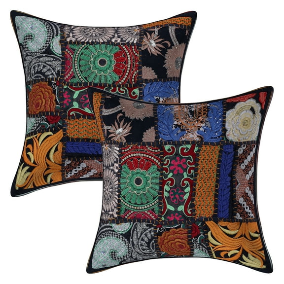 Stylo Culture Ethnic Cotton Living Room Throw Pillow Covers Black 12 x 12 Bohemian Vintage Patchwork Ethnic Sofa Cushion Covers 30x30 cm Decorative Abstract Square Pillow Cases | Set Of 2
