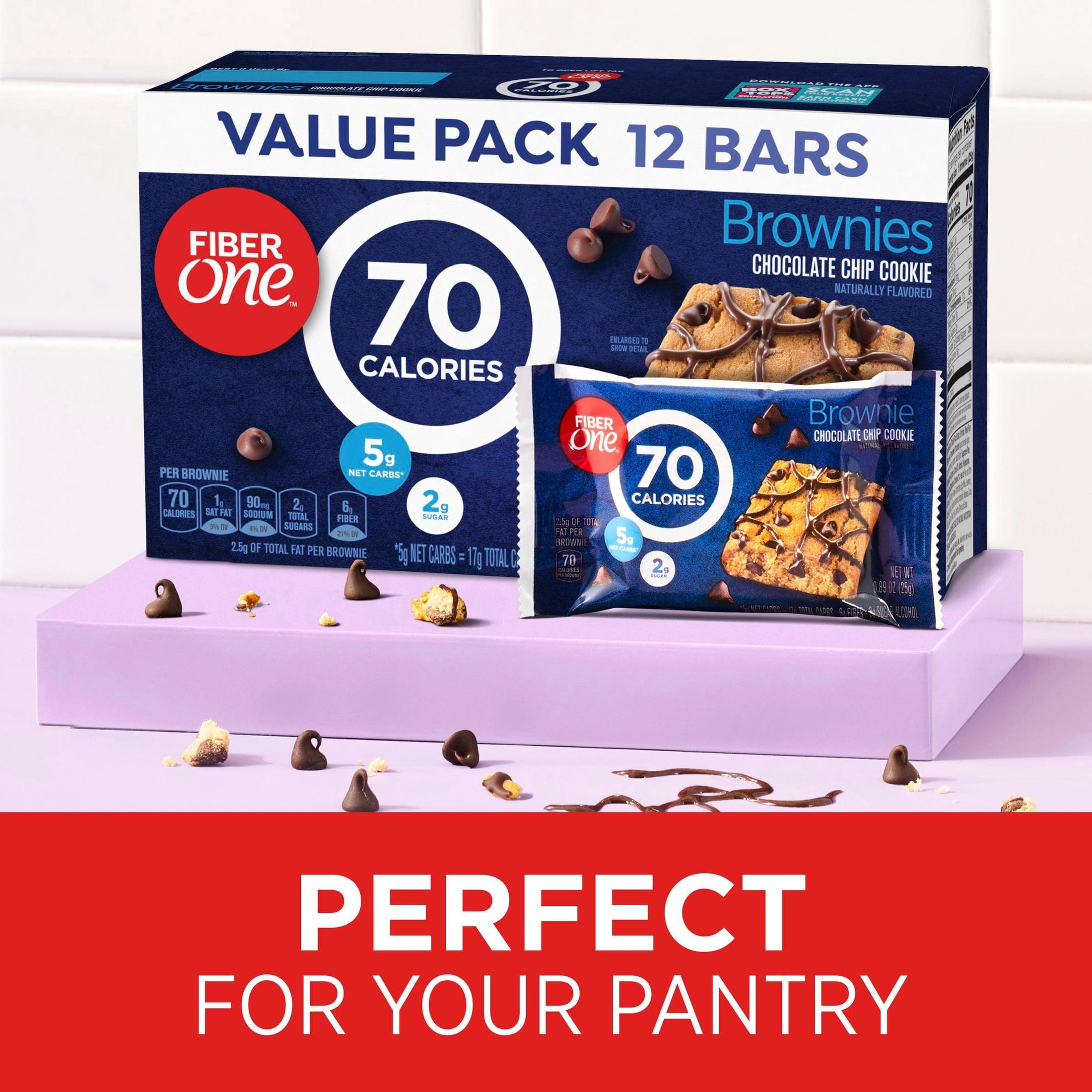 (4 pack) Fiber One 70 Calorie Brownies, Chocolate Chip Cookie, 2g Sugar, Value Pack, 12 Count, 10.6 oz