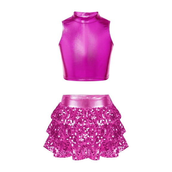 TiaoBug Kids Girls 2 Pcs Hip Hop Jazz Dance Costume Metallic Sequin Crop Vest Top with Layers Skirt Dancewear Rose Red 14