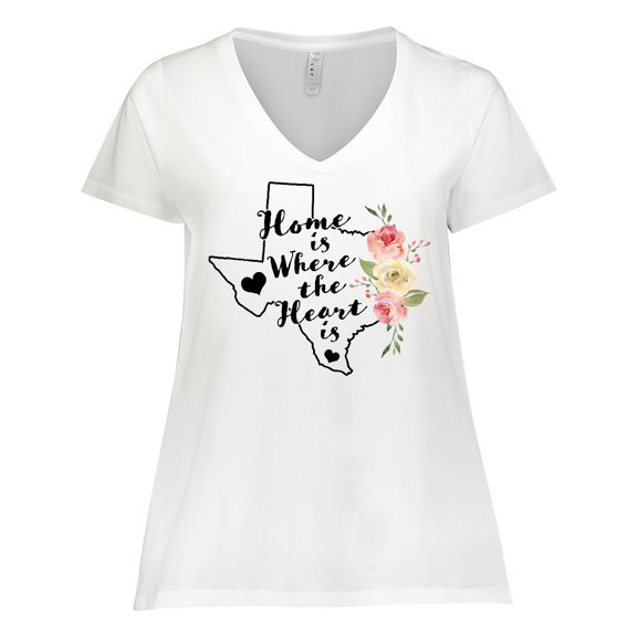 Inktastic Texas Home is Where The Heart is with Watercolor Floral Women's Plus Size V-Neck T-Shirt