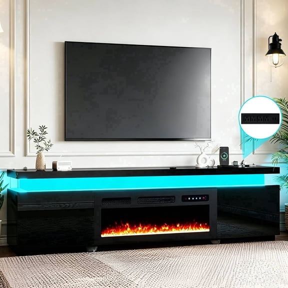 JassmiPkwy 70.8" Fireplace TV Stand for TVs up to 75 Inches, 40-Inch ELectric Fireplace with Remote, with LED Lights and Power Outlet,Media Console Table for Living Room