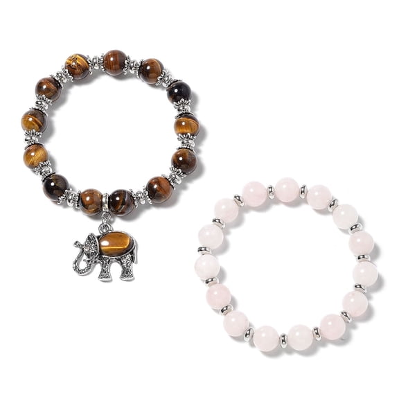 Tiger's Eye Elephant Charm and Rose Quartz Beaded Stretchable Bracelet for Women Set of 2 Birthday Christmas Gifts for Women