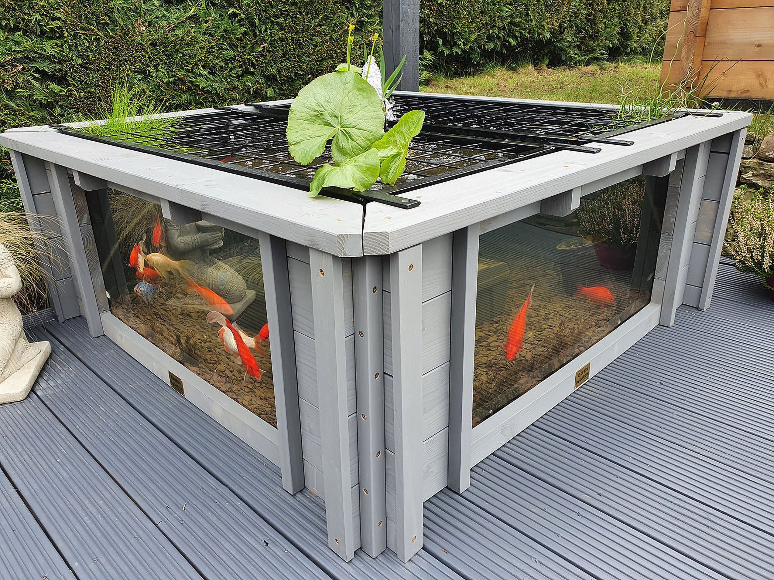 Raised Wooden Square Pond with Large Windows - Lotus Clear View Garden Aquarium in Gray 172 Gallon
