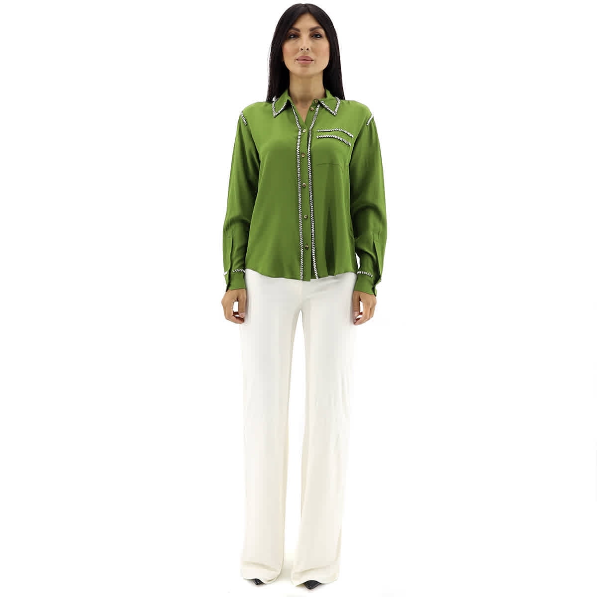 Burberry Ladies Cedar Green Silk Embellished Oversized Shirt, Brand Size 4  (US Size 2) 