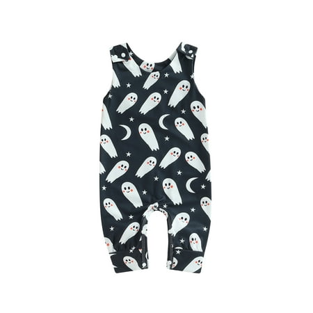 

Infant Baby Girls Boys Halloween Outfits Sleeveless Crew Neck Pumpkin Jumpsuit Button Down Romper Newborn Baby Clothes