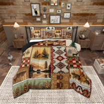 Manfei Aztec Geonetric Queen Comforter Set for Adult, Farmhouse Lodge Cabin Bedding Sets, Wildlife Animal Reversible Bedding Comforter Set, Microfiber Bedroom Decor, 3pcs
