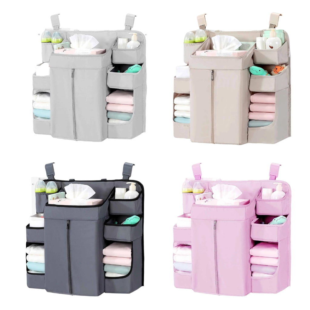 Baby Crib Hanging Organizers 6 Compartments Large Zippered Pocket Durable Fabric Nursery Storage Solution