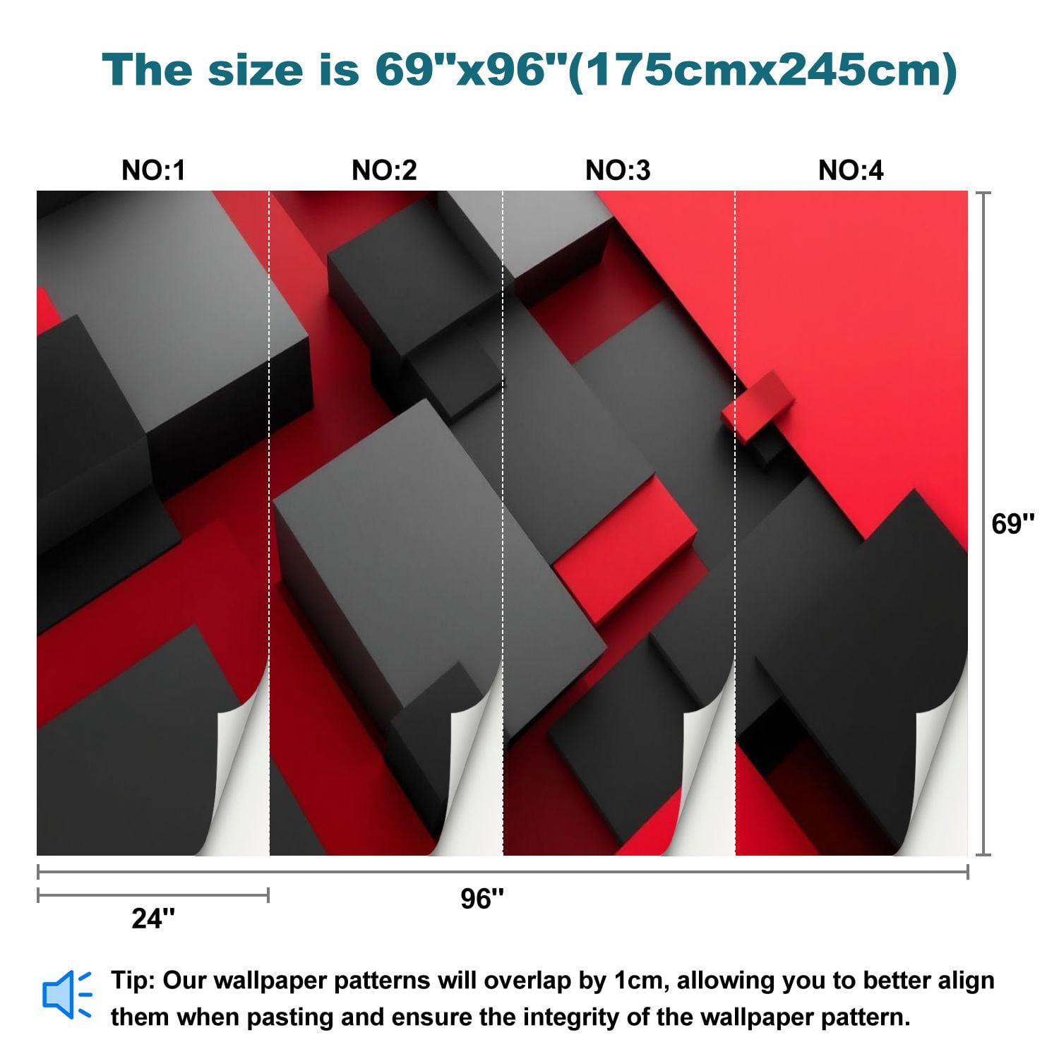 Peel and Stick Wallpaper Black Red 3D Geometry Red Cubes Gray Rectangles Layered Blocks Modern Art Wall Mural Decor Self Adhesive and Removable 69in x 98in