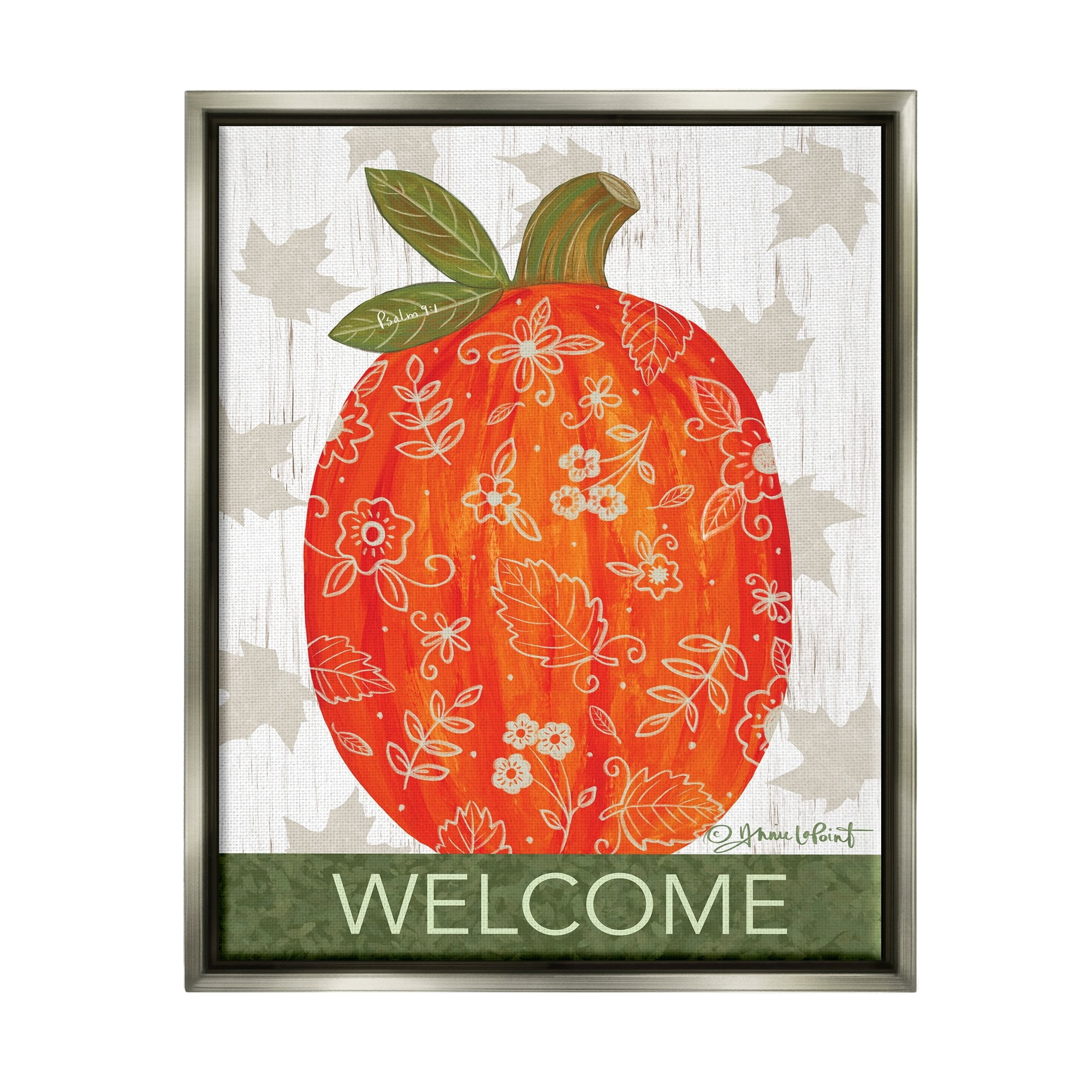 Stupell Industries Patterned Autumn Botanicals Pumpkin Welcome Sign Graphic Art Luster Gray Floating Framed Canvas Print Wall Art, Design by Annie LaPoint