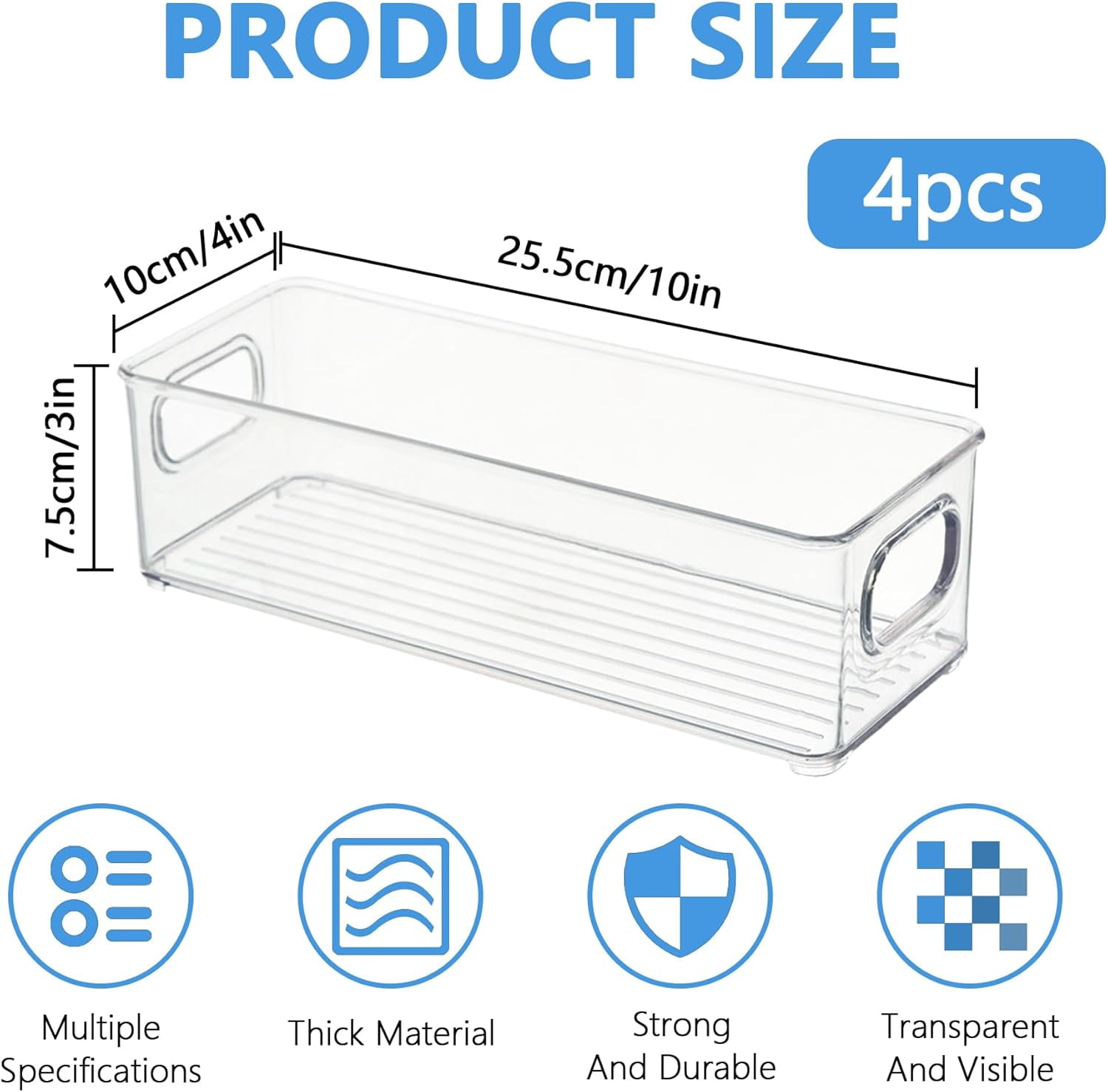 Plastic Storage Bins Organizing Containers:4pcs Fridge Organizer Bins,Clear Stackable Storage Bins with Handles,Organizing Bins for Kitchen,Pantry,Fridge,Shelf