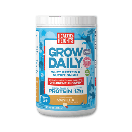 Healthy Heights Grow Daily 3+ Pediatric Shake Mix Powder, Vanilla, 12g Protein, 10.6oz