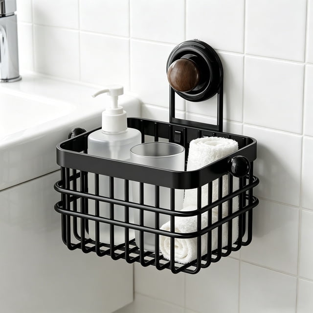 Kitchen Storage Basket Wall Mounted Iron Organizer With Suction Cup Ventilated Design For Pantry Bathroom Entryway