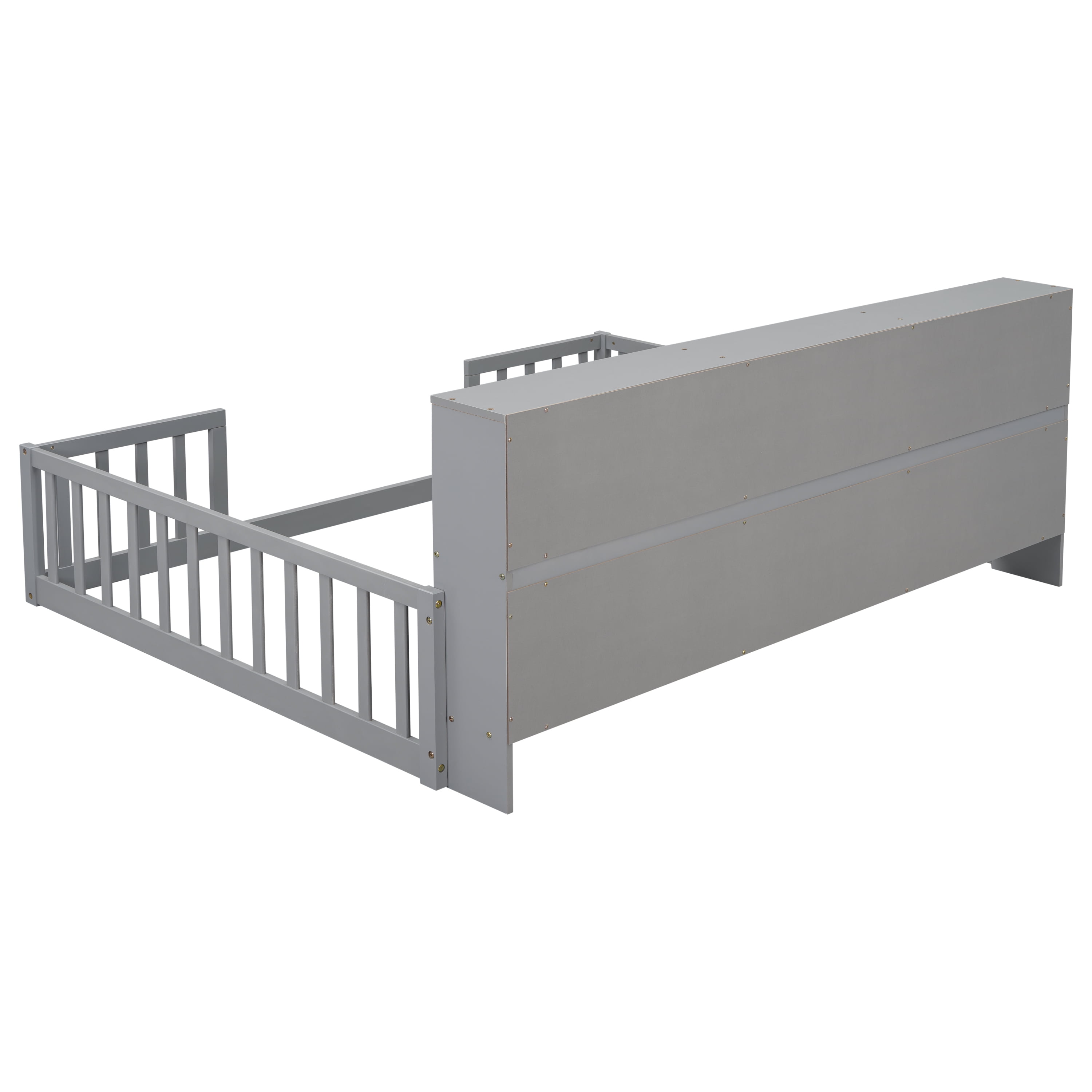 Miniyam Full Floor Bed with Bookcase Shelves and Guardrails, Wood Low Profile Bed Frame, Gray