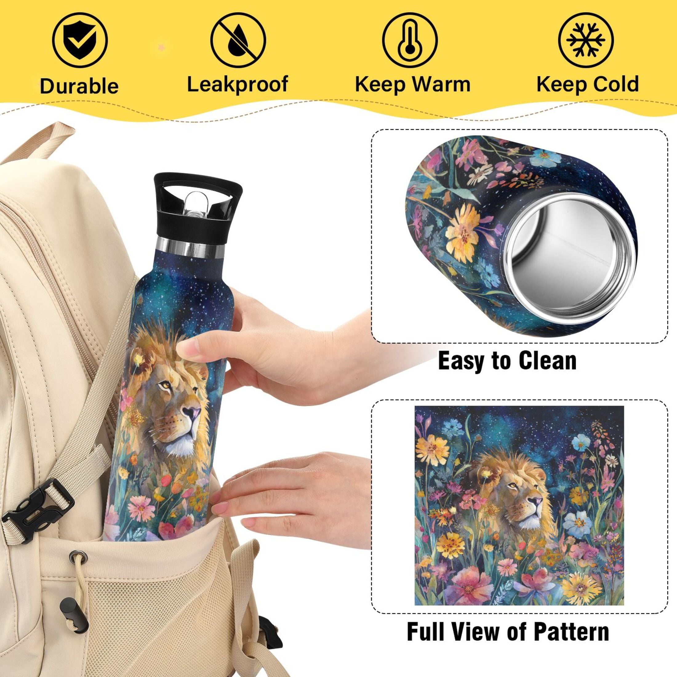 600ML Stainless Steel Insulated Cup Sports Water Bottle Portable Thermos Cup Water Glasses Insulated Tumblers Convenient and Durable Flower Lion
