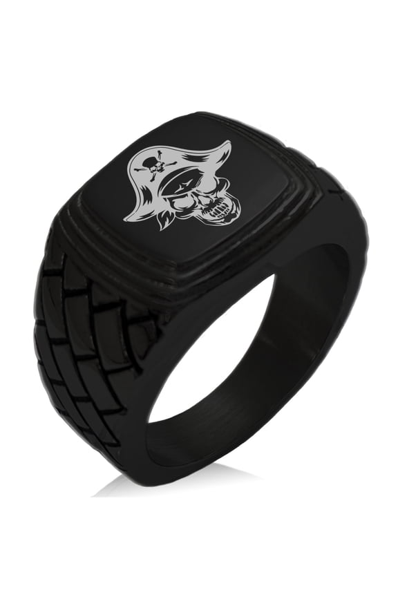 Stainless Steel Pirate Captain Skull Geometric Pattern Step-Down Biker Style Polished Ring