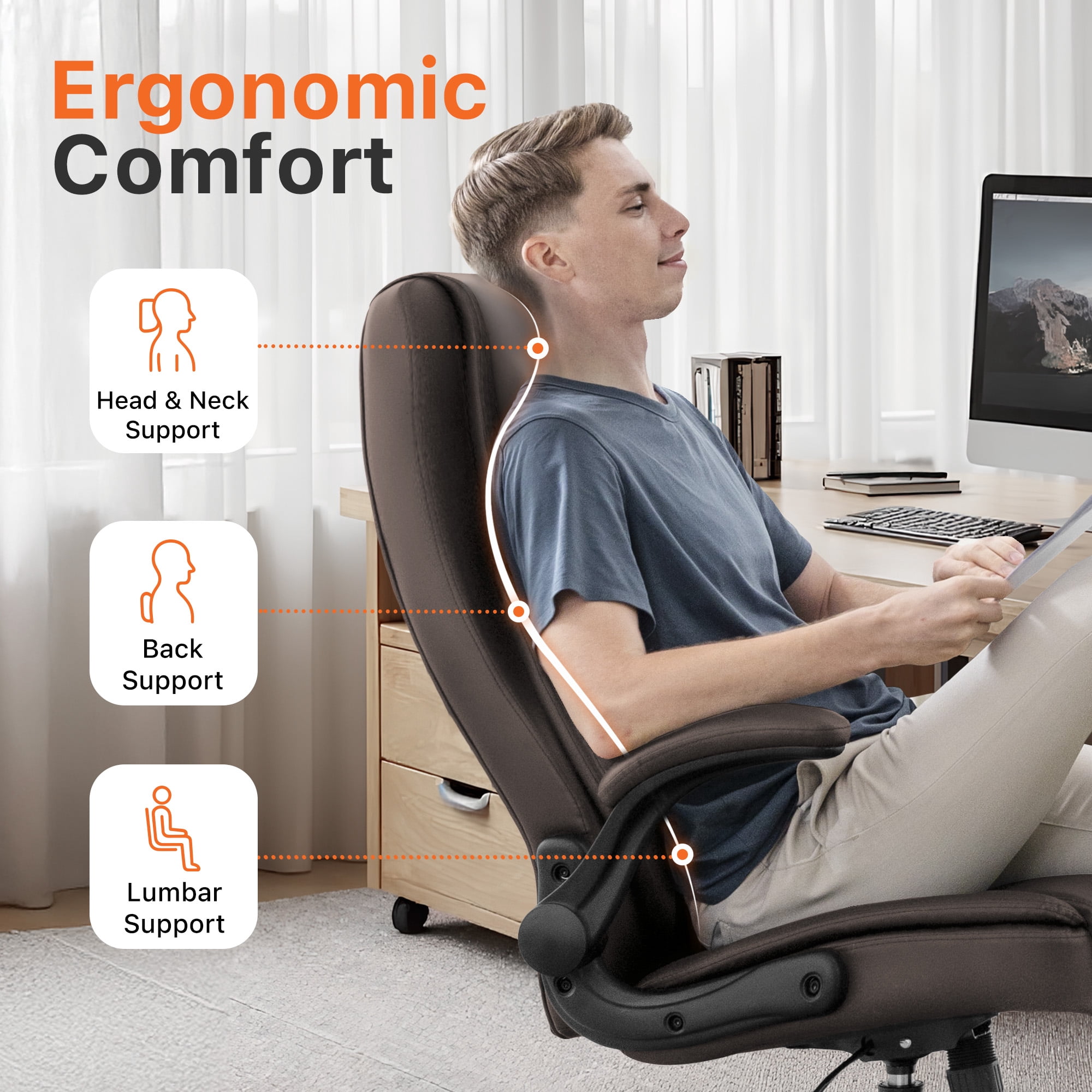 NEO CHAIR Executive Office Chair, Ergonomic High back Cushioned, Wide Leather Seat 8 Hours Heavy Duty Design, Flip Up Armrest Computer Desk Chair, Brown