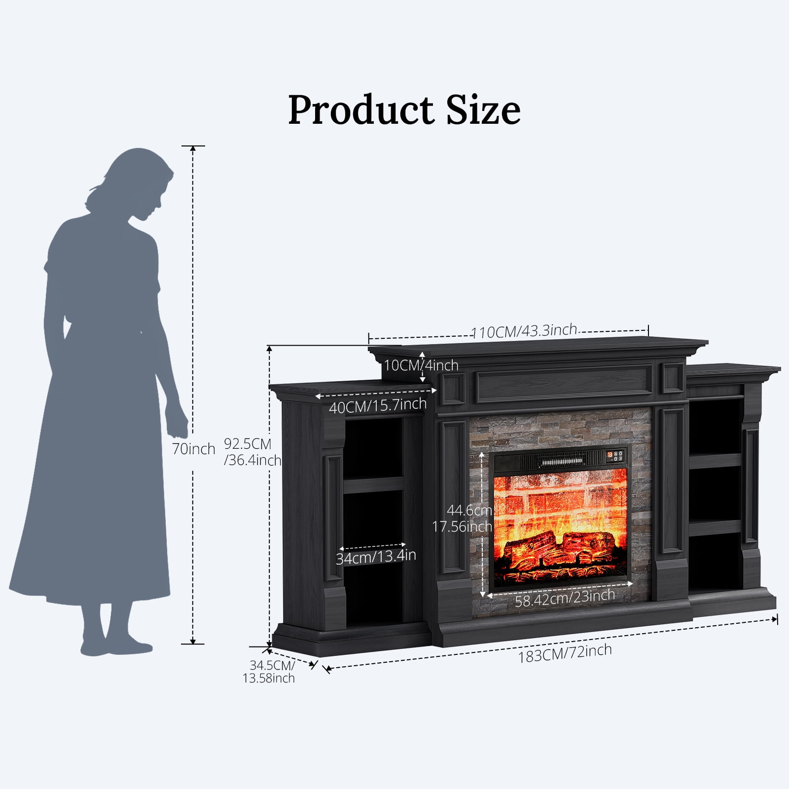 Holliwill 72" Electric Fireplace with Mantel, Farmhouse TV Stand for TVs up to 80", Entertainment Center with 23" Red Brick Fireplace Insert Heater for Living Room, Bedroom, Black