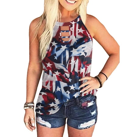 

JustVH Women Cut Out Sleeveless Halter Vest Independence Day Print Cami Tops