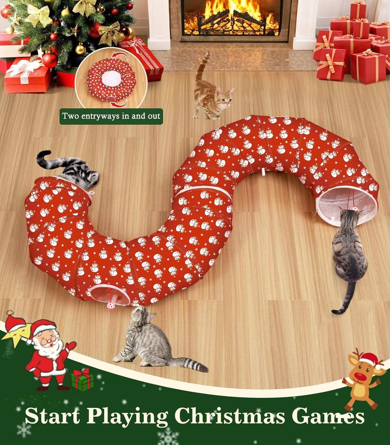 Pawaboo Cat Tunnel Bed Under Christmas Tree, 35.4'' Christmas Cat Toy Circle Tunnel with Toy Ball, Decorative Christmas Festive Foldable Kitty Tube Tunnel for Cat Small Animal (Red Snowman)