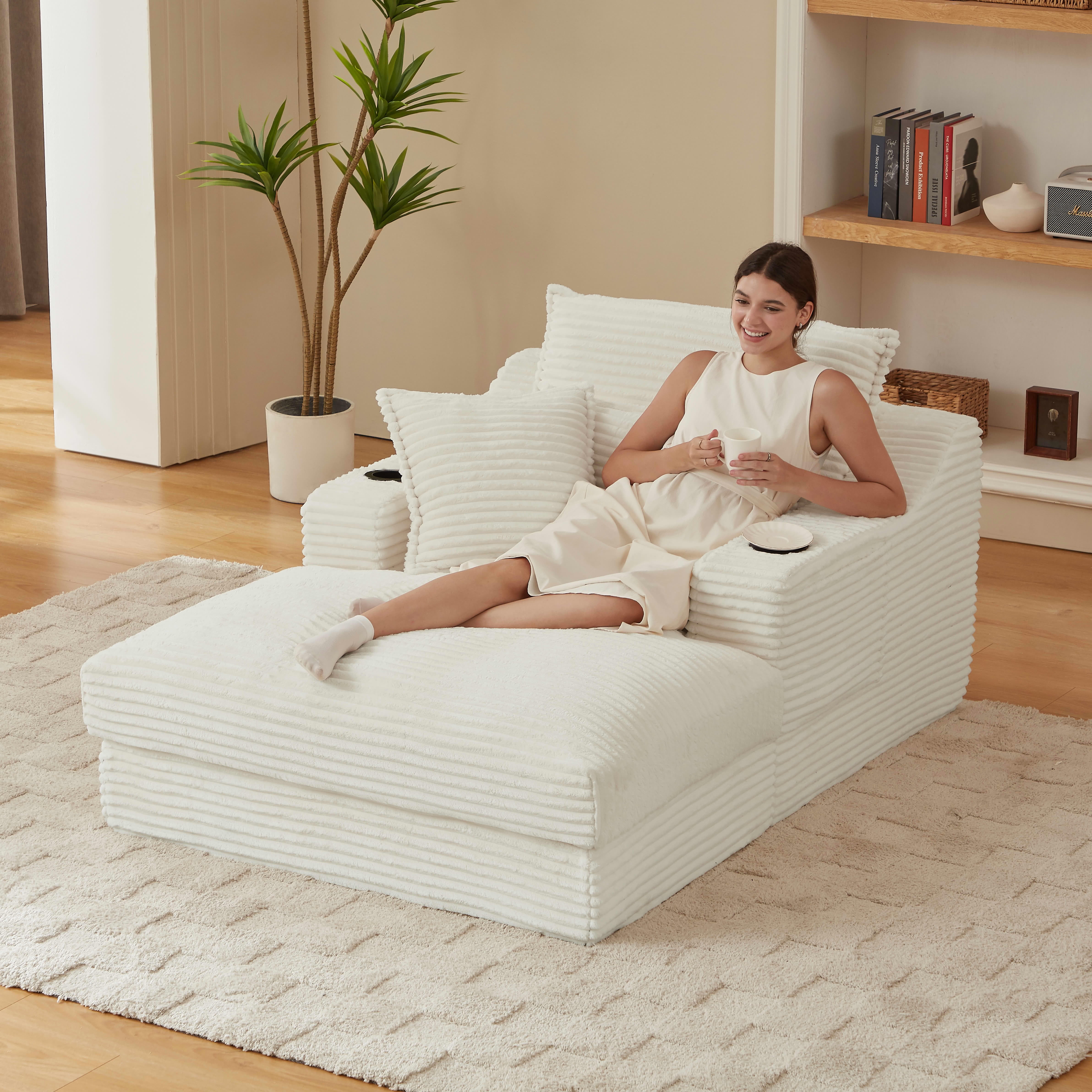 MAYEERTY Modern Compression Lounge Chair, Soft Corduroy Chaise Sofa with Cup Holders for Living Room, 47" White