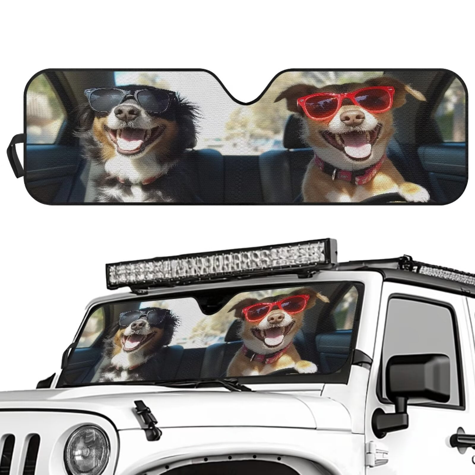 XYZCANDO Dogs Windshield Sun Shade Compatible with Jeep JK JKU JL JLU 1997-2023 Polyester Fully Covered Foldable Front Sunshade Keep Your Vehicle Cool Shade Heat Shield