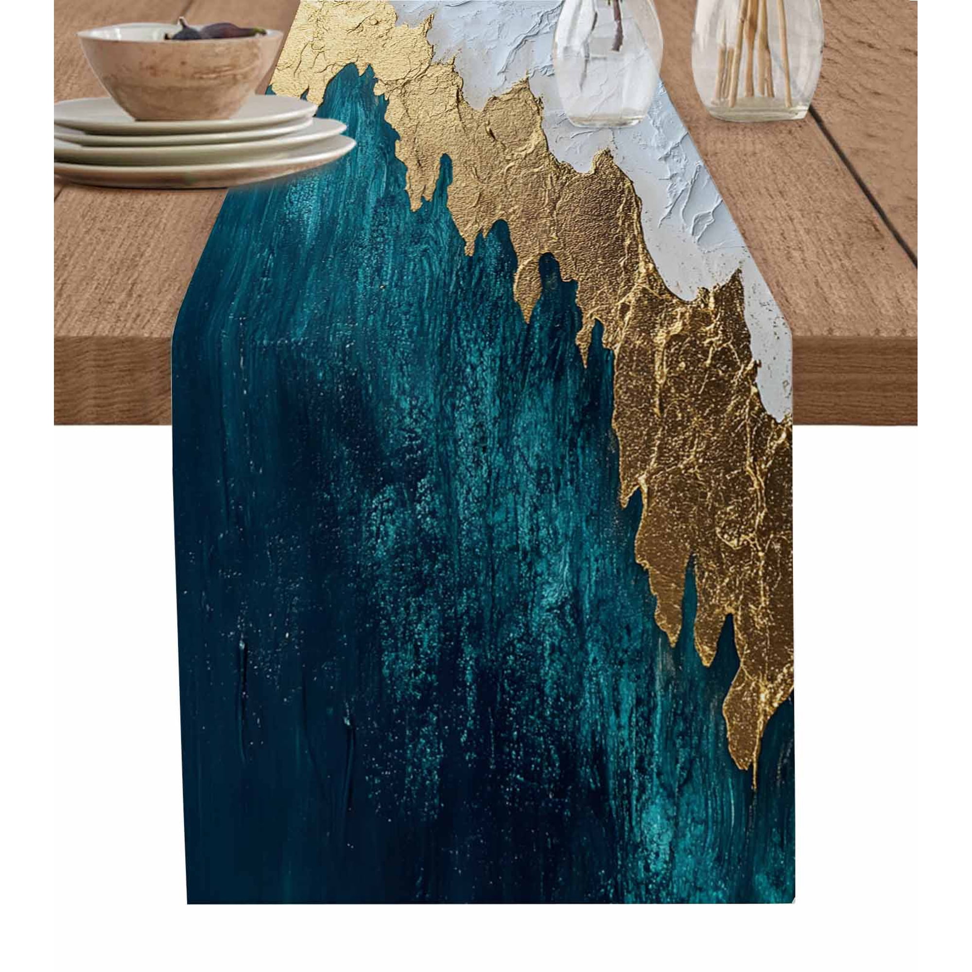 Hokiten Table Runners 108 Inches Long Dress Scarves Ocean Coastal Farmhouse Coffee/Dining/Kitchen Table Runner for Living Room Beach Modern Abstract Oil Painting 13x108 Inch